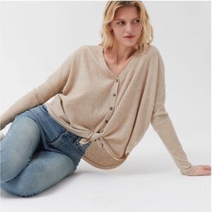 Urban Outfitters Beige Jojo Oversized Thermal Button Down Long Sleeve Shirt